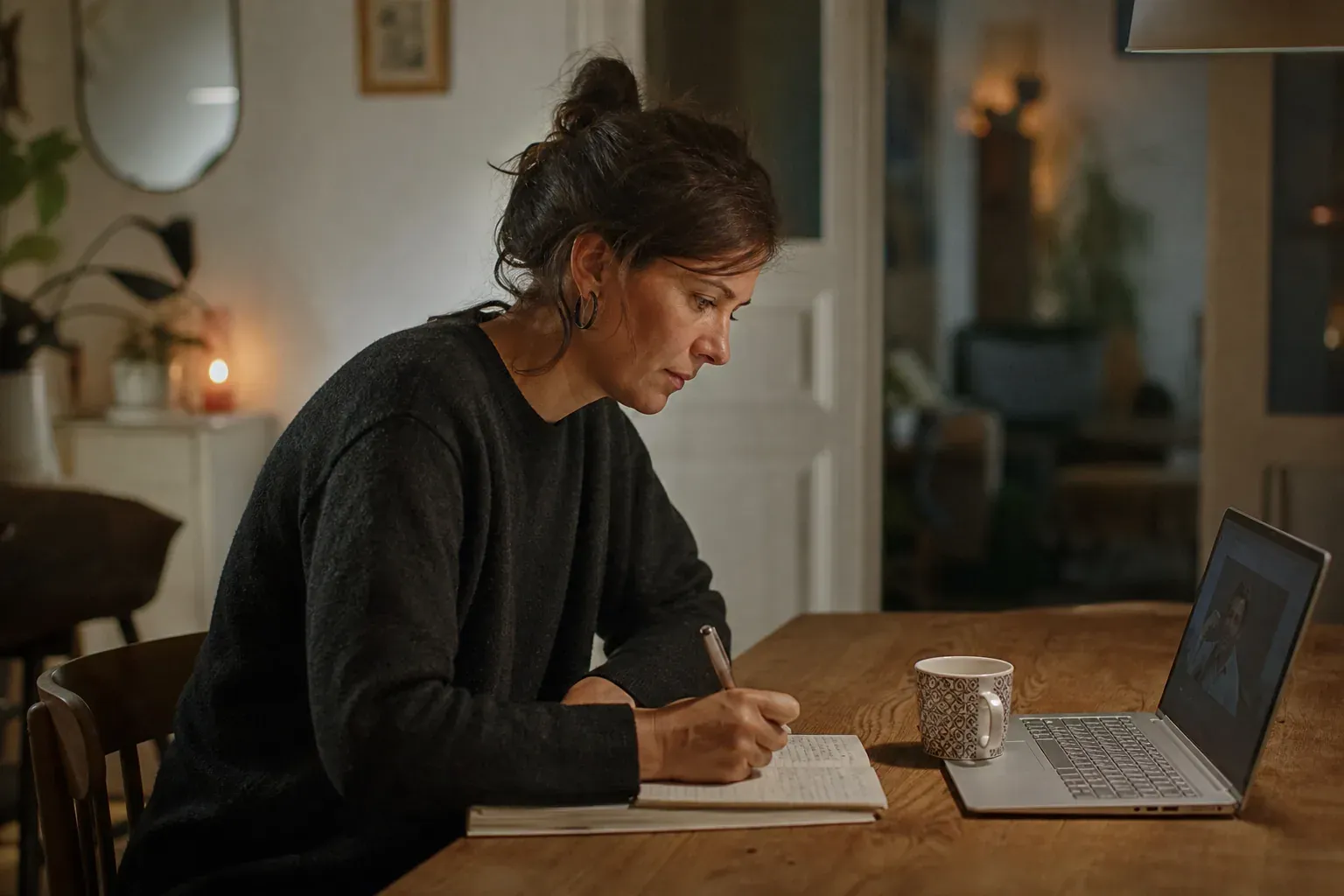 Une femme prend des notes devant son ordinateur portable pendant un webinaire, le soir, dans sa cuisine