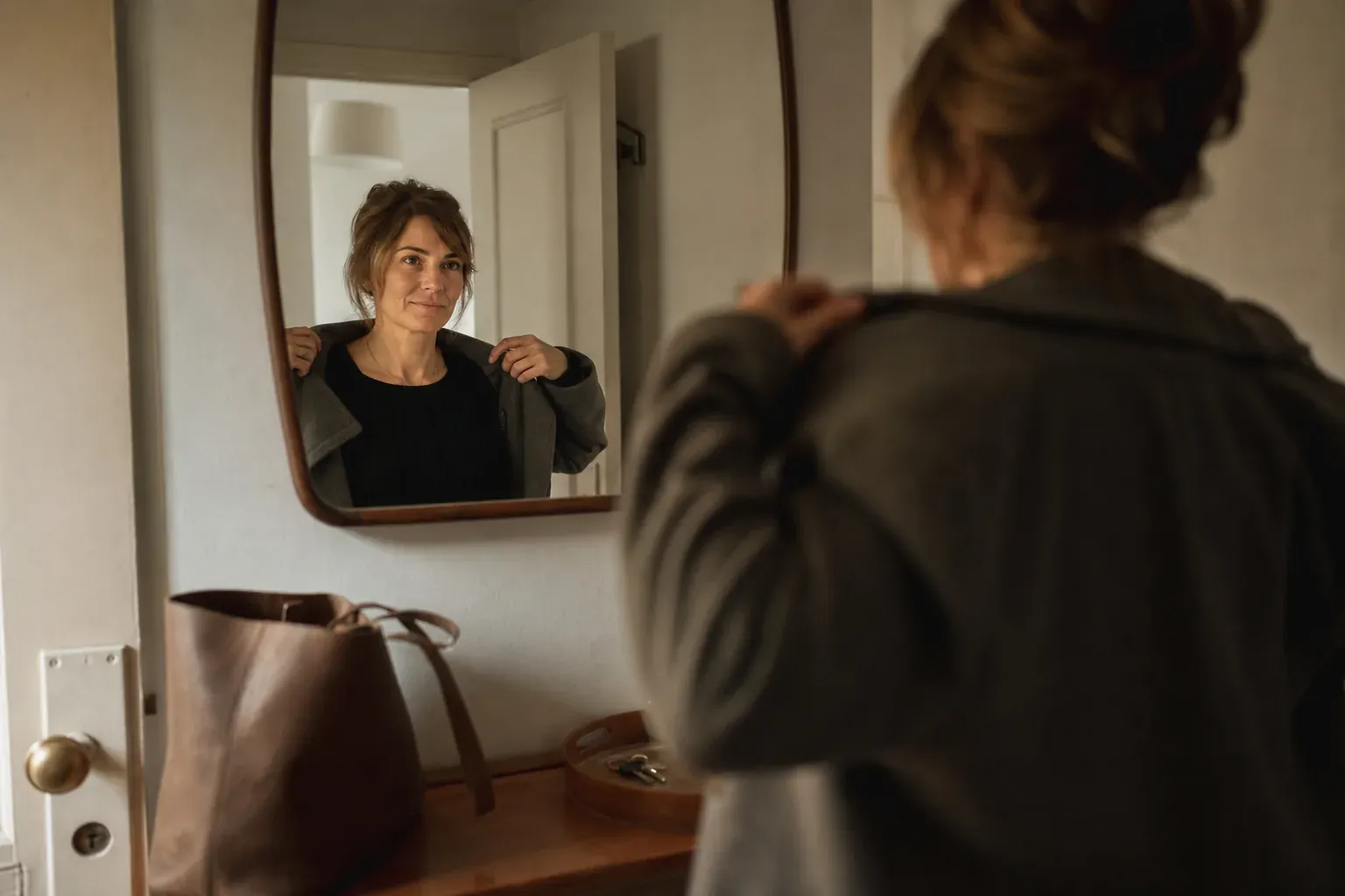 Une femme enfile son manteau dans l'entree de son appartement et se regarde calmement dans un miroir avant de sortir