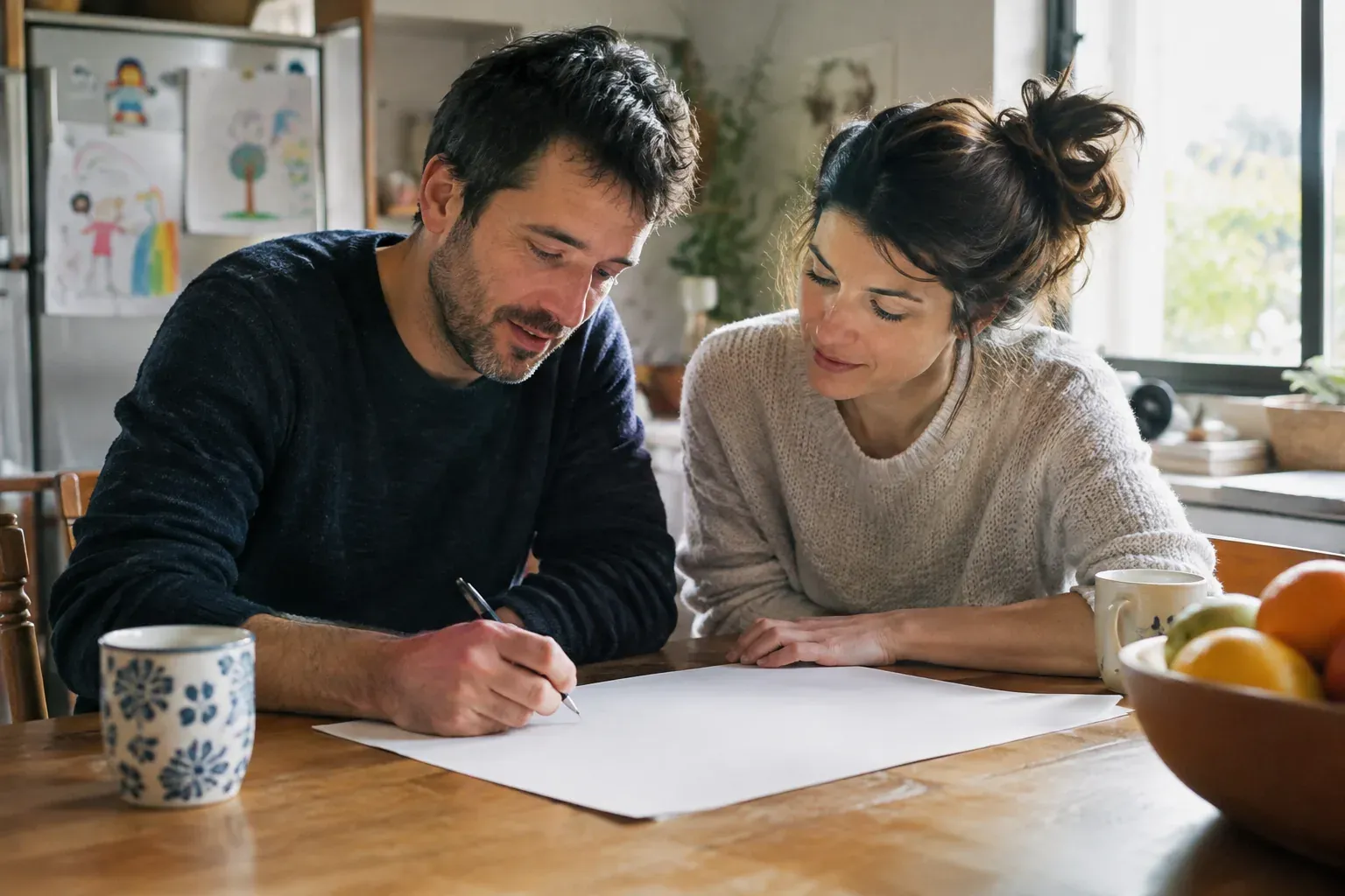 Un couple assis côte à côte à la table de la cuisine écrit ensemble sur une grande feuille, tasses de café posées