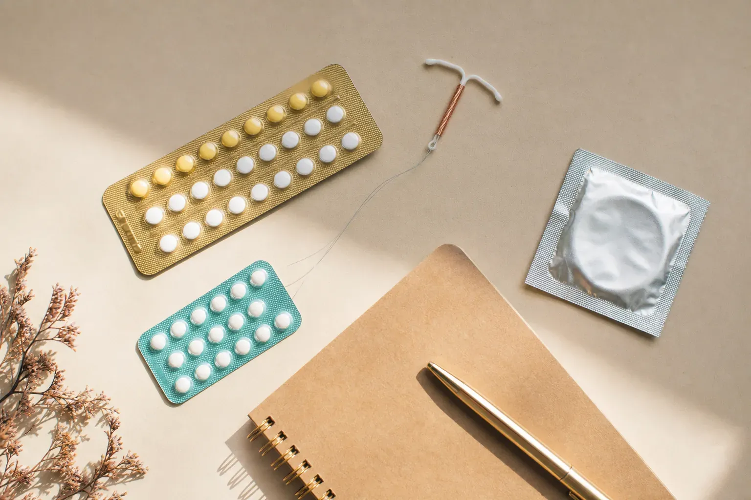 Differentes methodes de contraception disposees a plat sur un fond neutre