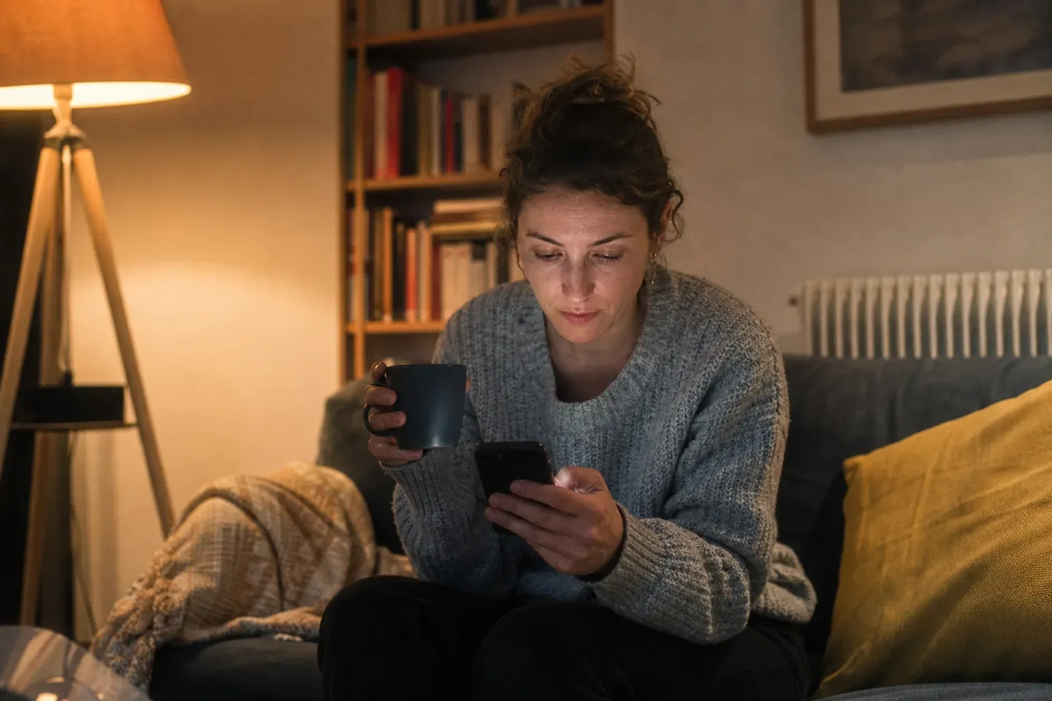 Femme assise dans son canape le soir, tasse de the a la main, ecrivant un message sur son telephone