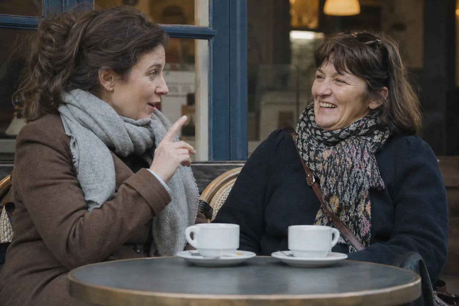 Une femme de plus de cinquante ans prend un café en terrasse avec une amie, conversation animée et complice