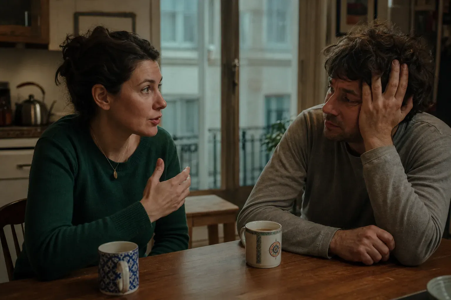 Une femme et son compagnon discutent calmement à la table de leur cuisine, deux tasses de thé posées devant eux