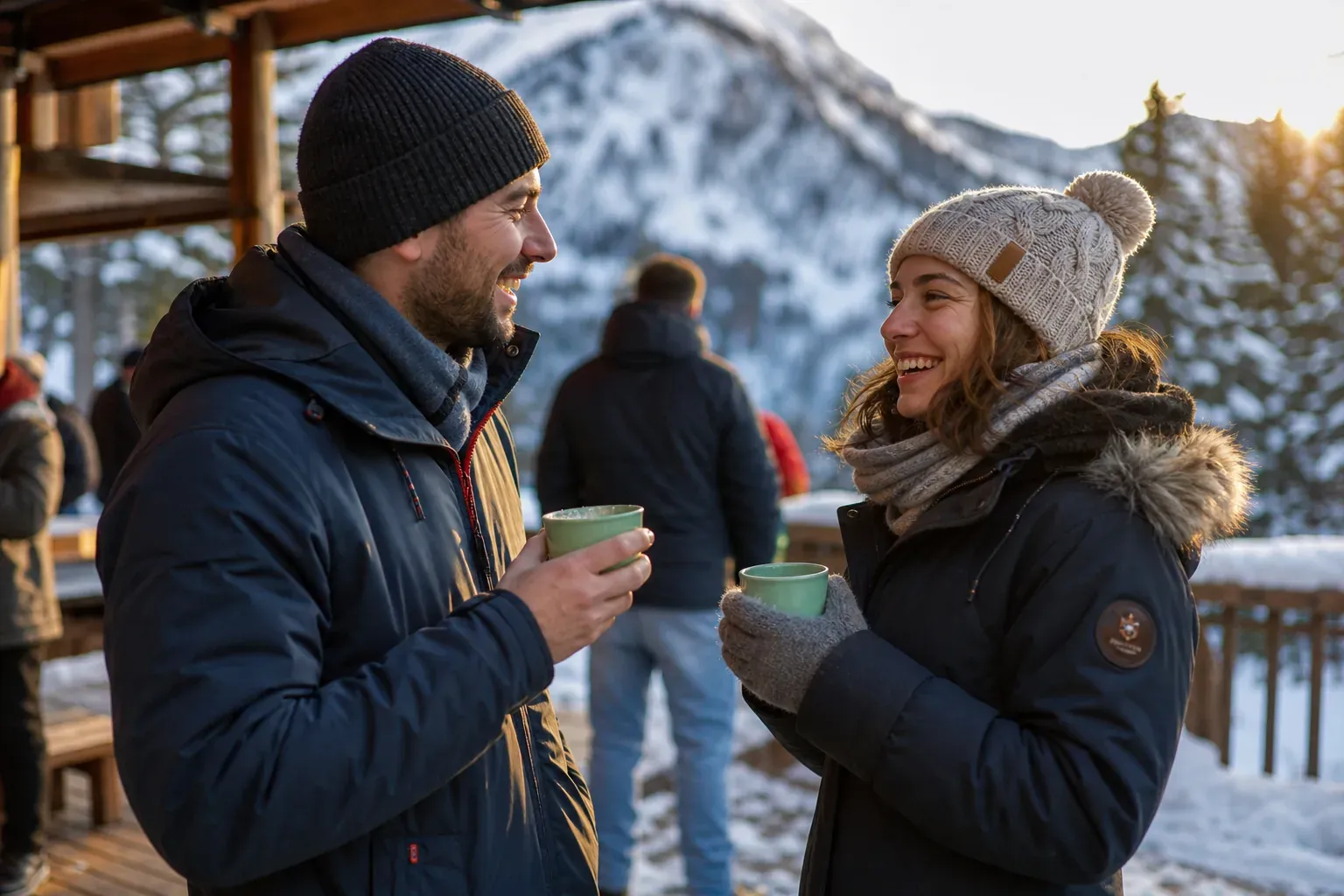 Deux adultes en manteaux d'hiver discutent en riant devant un chalet enneige, boissons chaudes en main, lumiere de fin de journee