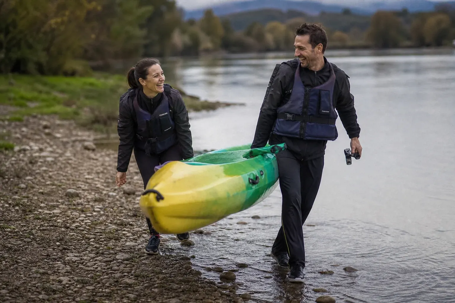 Un couple porte un kayak ensemble au bord d'une rivière en riant, sous une lumière naturelle douce
