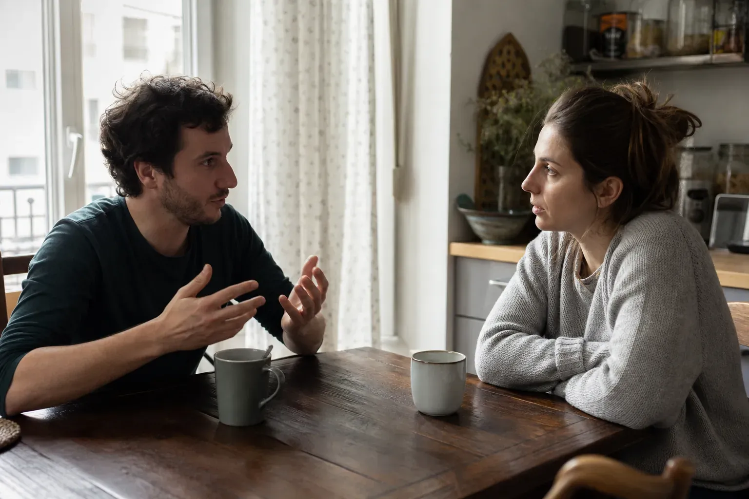 Un couple assis face a face a la table de la cuisine, en train de se parler serieusement avec deux tasses de the