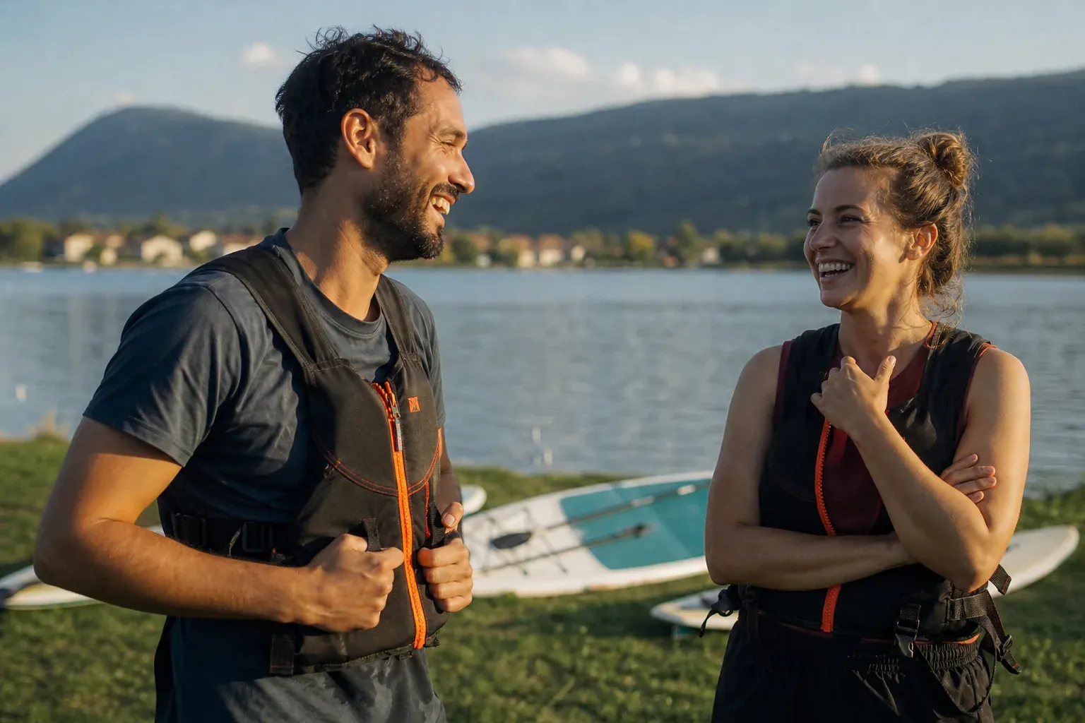 Deux adultes discutent en riant au bord d'un lac après une sortie en paddle, planches posées sur l'herbe