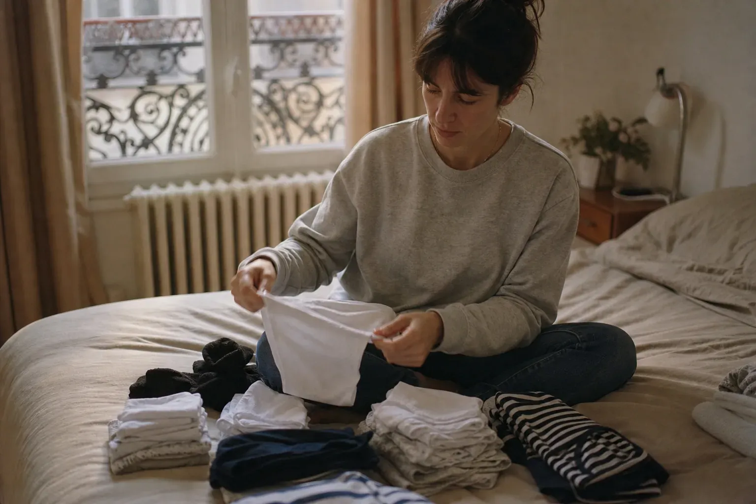 Une femme plie son linge propre sur son lit, des culottes en coton empilées à côté d'elle, dans la lumière douce du matin