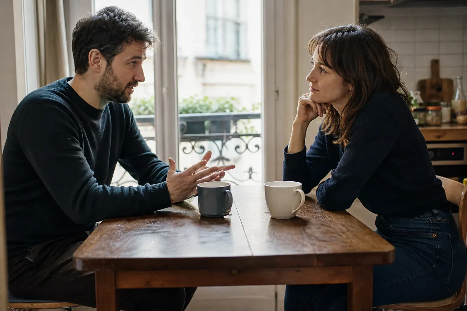 Un couple assis face a face autour d'une table de cuisine, en pleine conversation calme et attentive, lumiere du jour