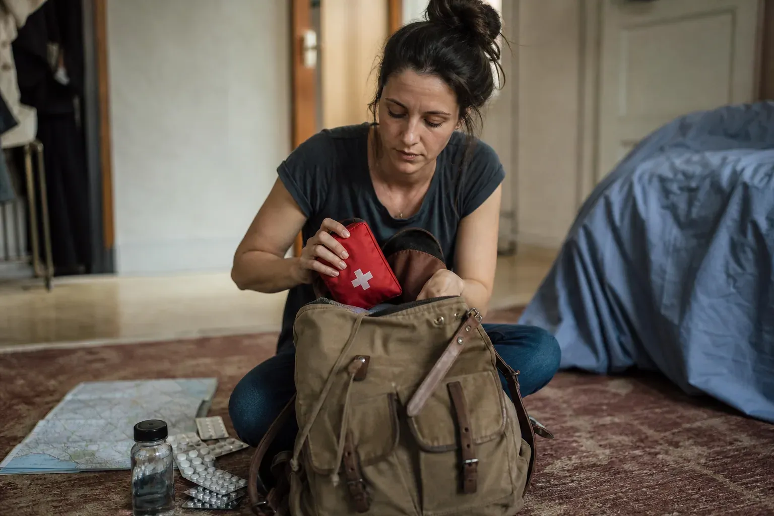 Une femme assise par terre range une trousse de santé et des médicaments dans son sac à dos avant un voyage