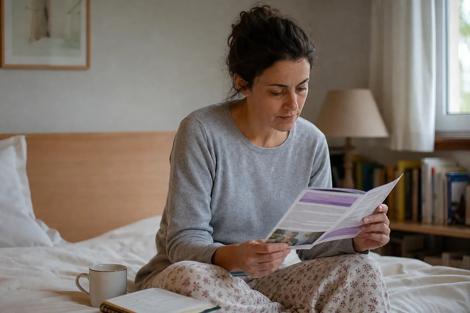 Femme en sweat assise dans son lit le matin, carnet et tasse posee a cote, lumiere naturelle douce et calme