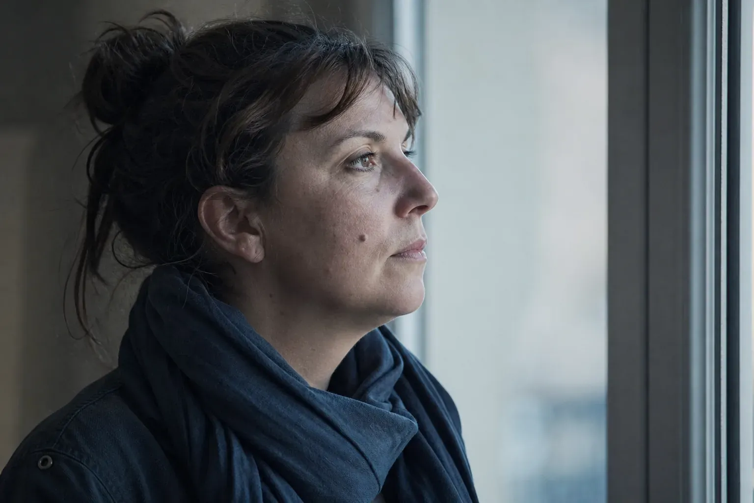 Femme pensive pres d'une fenetre, illustration d'un parcours de soin en endometriose