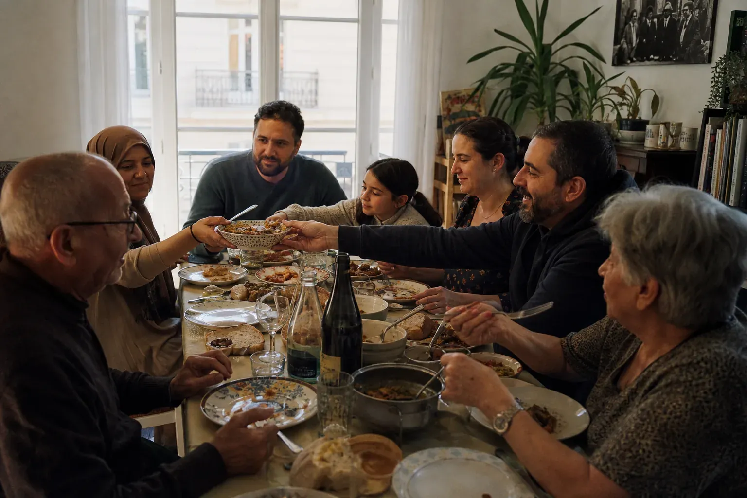 Deux familles partagent un repas autour d'une grande table, plats variés et conversation animée