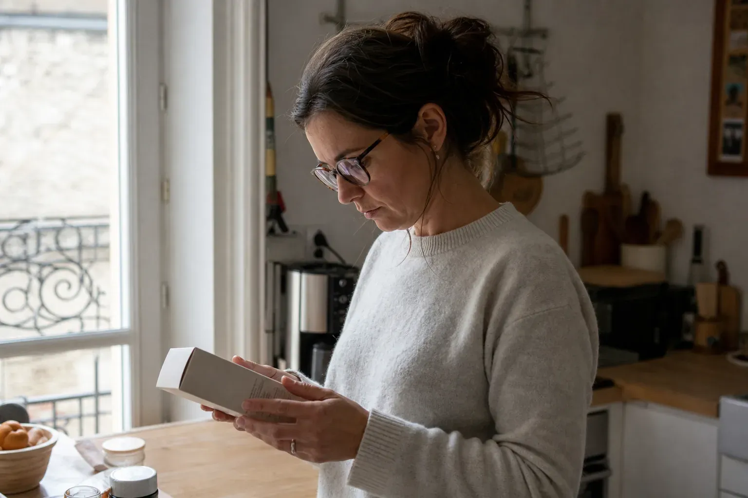 Une femme lit attentivement l'étiquette et la composition sur l'emballage d'un produit, debout dans sa cuisine
