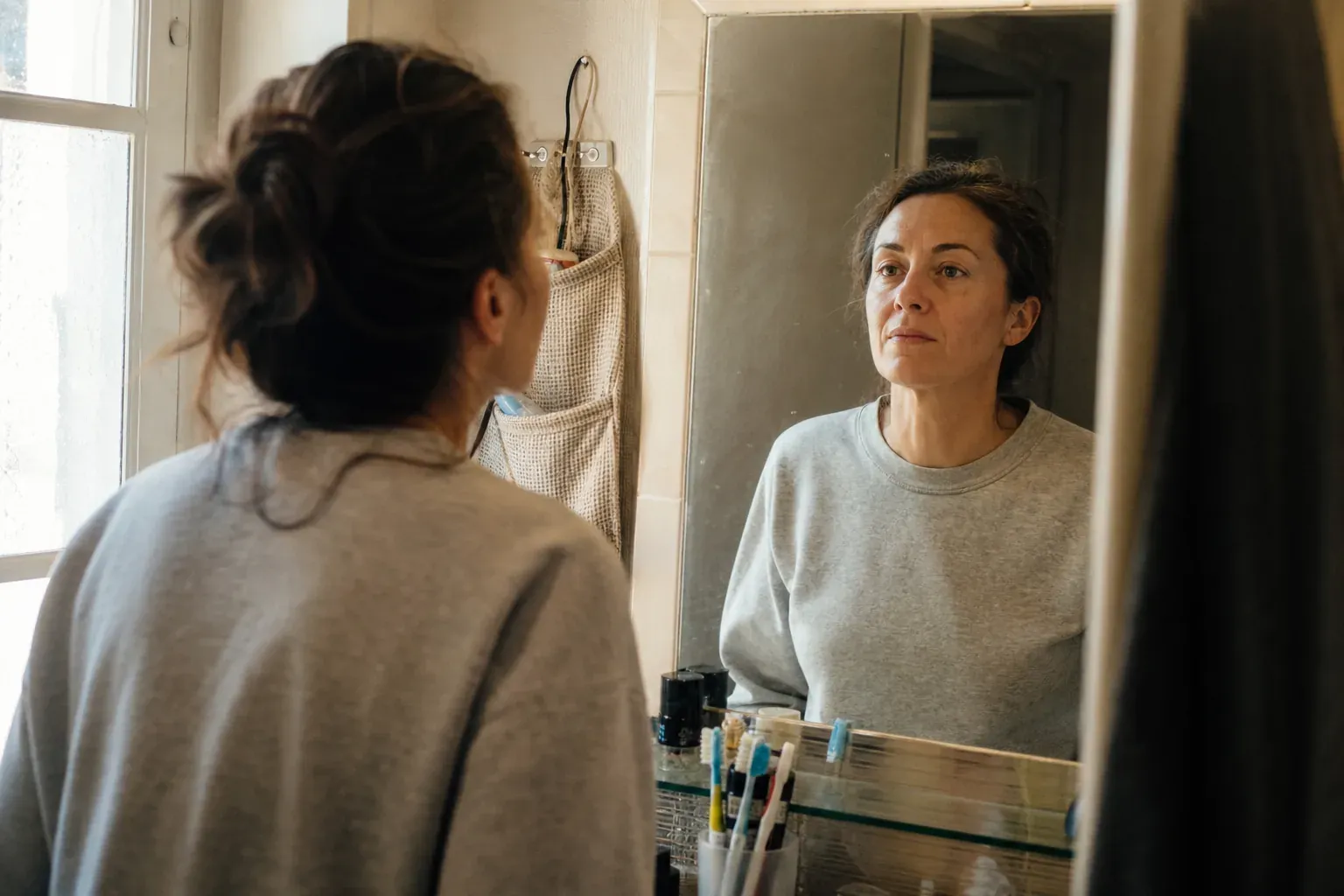 Une femme d'une quarantaine d'années se regarde dans le miroir de sa salle de bain, lumière du matin