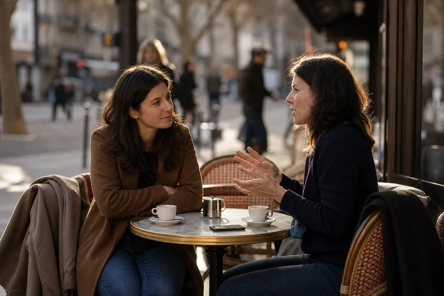 Deux personnes attablees a la terrasse d'un cafe parisien en fin d'apres midi, en pleine conversation animee