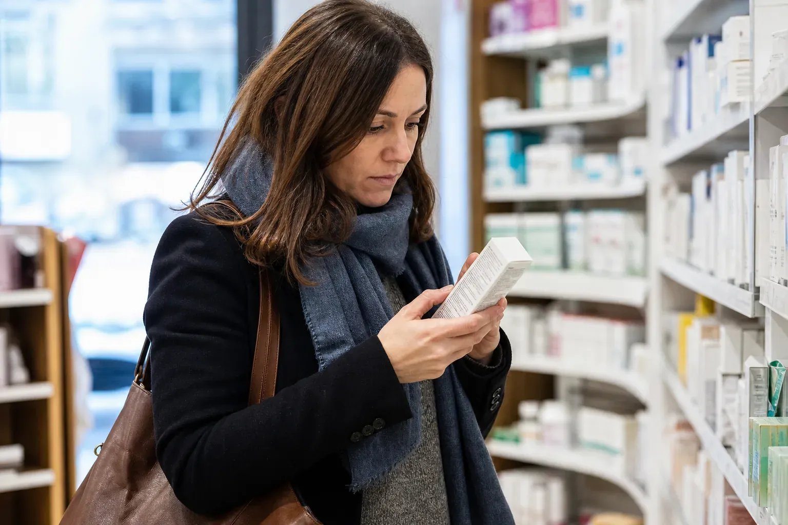 Une femme lit attentivement l'etiquette d'un produit de soin dans une pharmacie francaise, lumiere naturelle