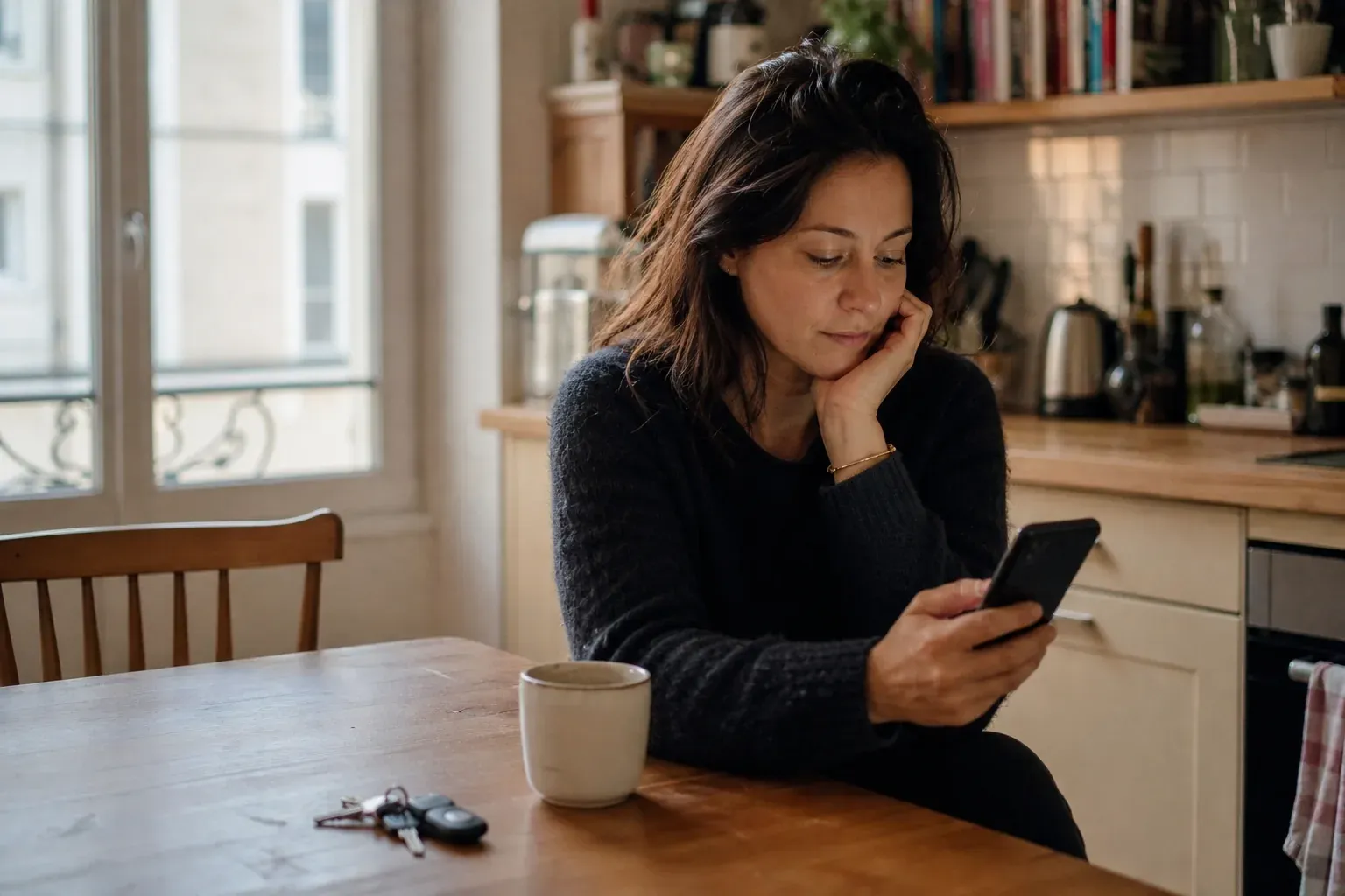 Femme trentenaire attablee dans sa cuisine, consultant une application de suivi de cycle sur son telephone