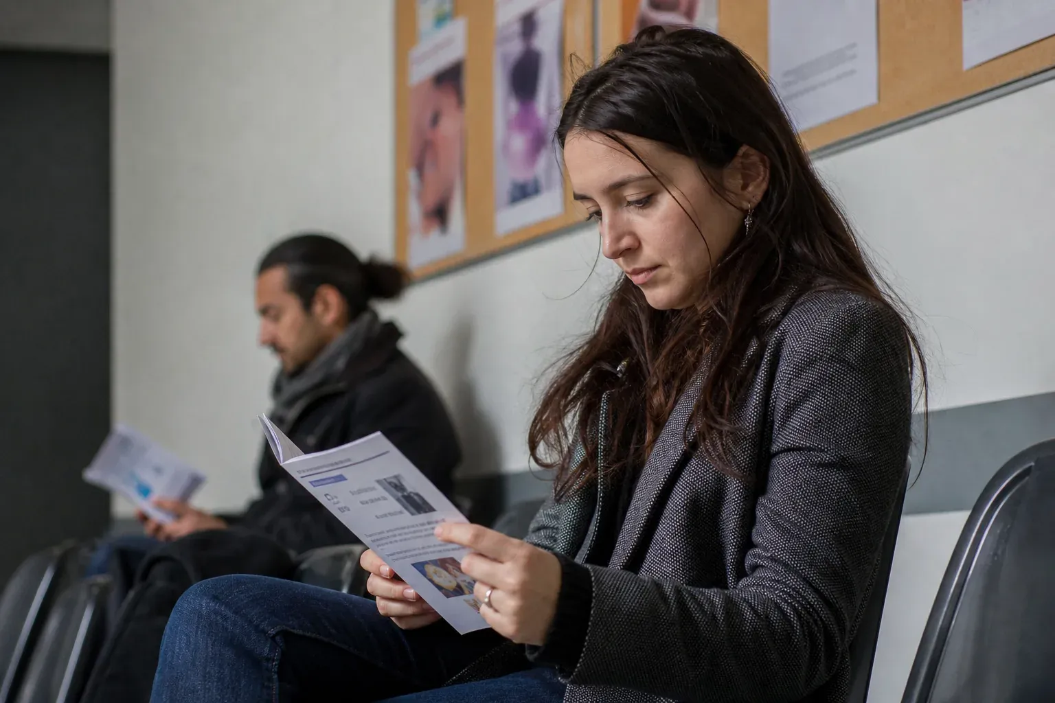 Une femme lit une brochure d'information dans la salle d'attente d'un centre de santé sexuelle