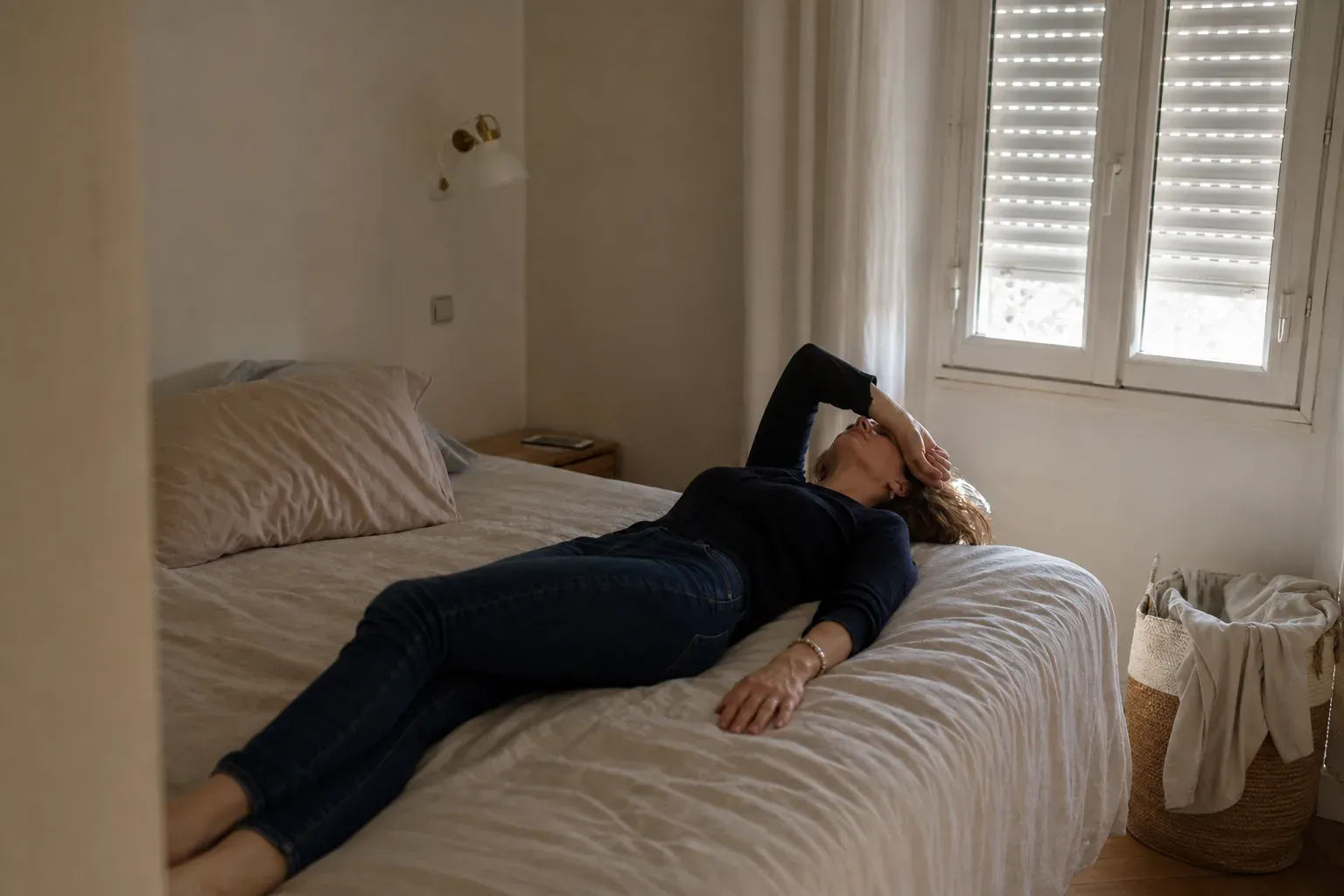 Une femme fait une pause allongée sur son lit, volets entrouverts et téléphone retourné, lumière douce