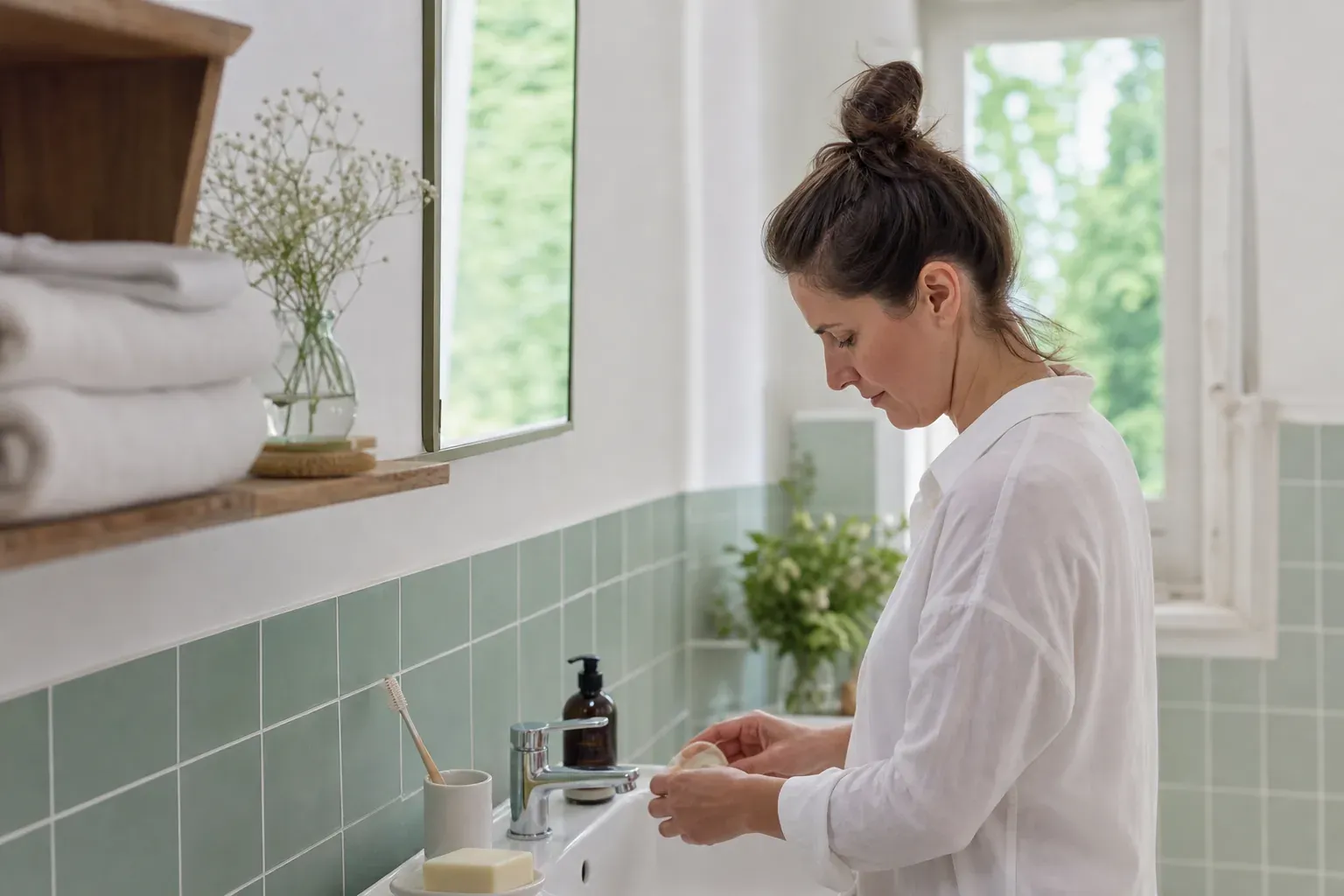 Salle de bain claire avec linge de coton et savon neutre
