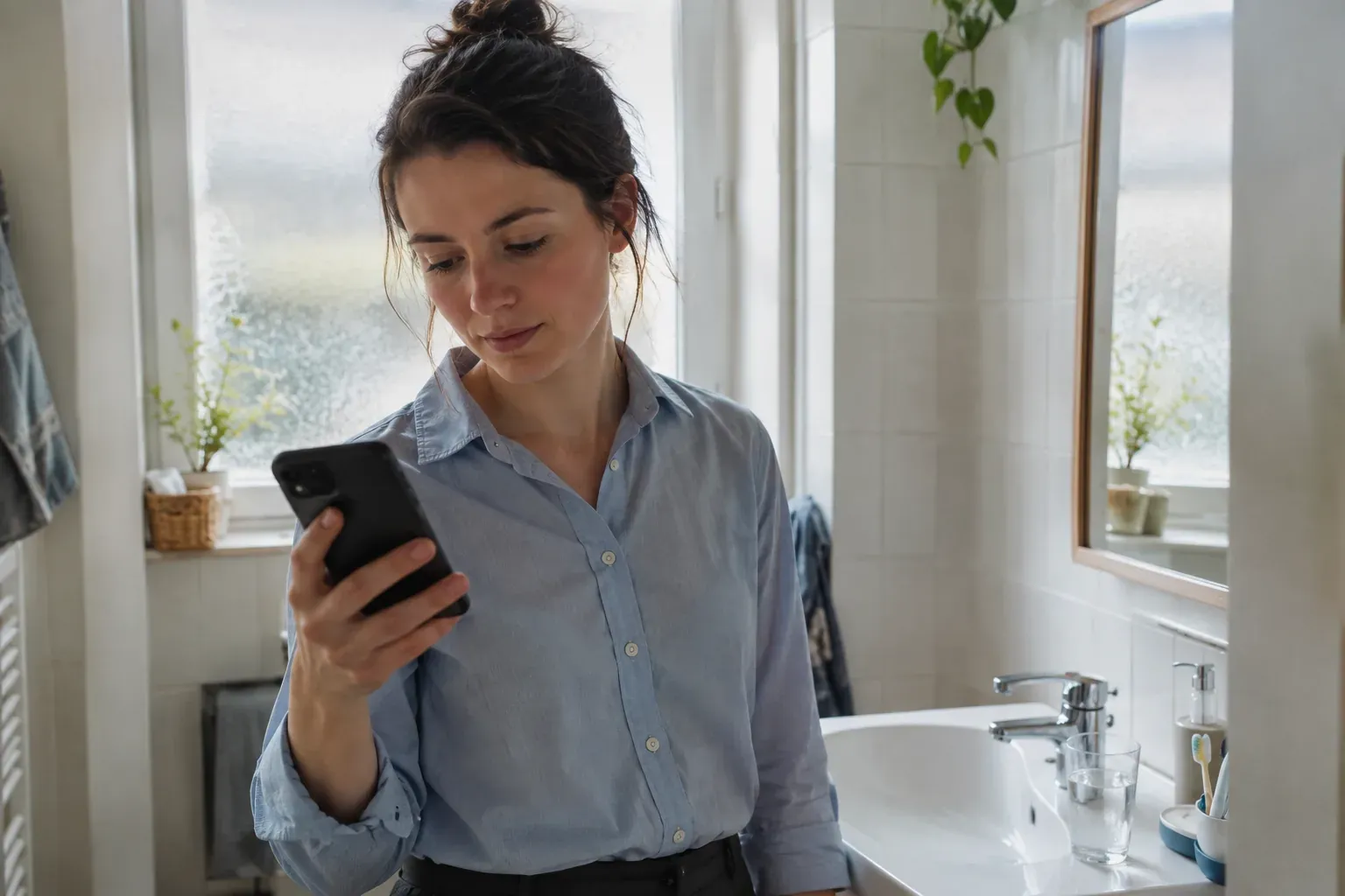 Jeune femme habillée pour le travail lisant un rappel sur son téléphone dans une salle de bain lumineuse le matin