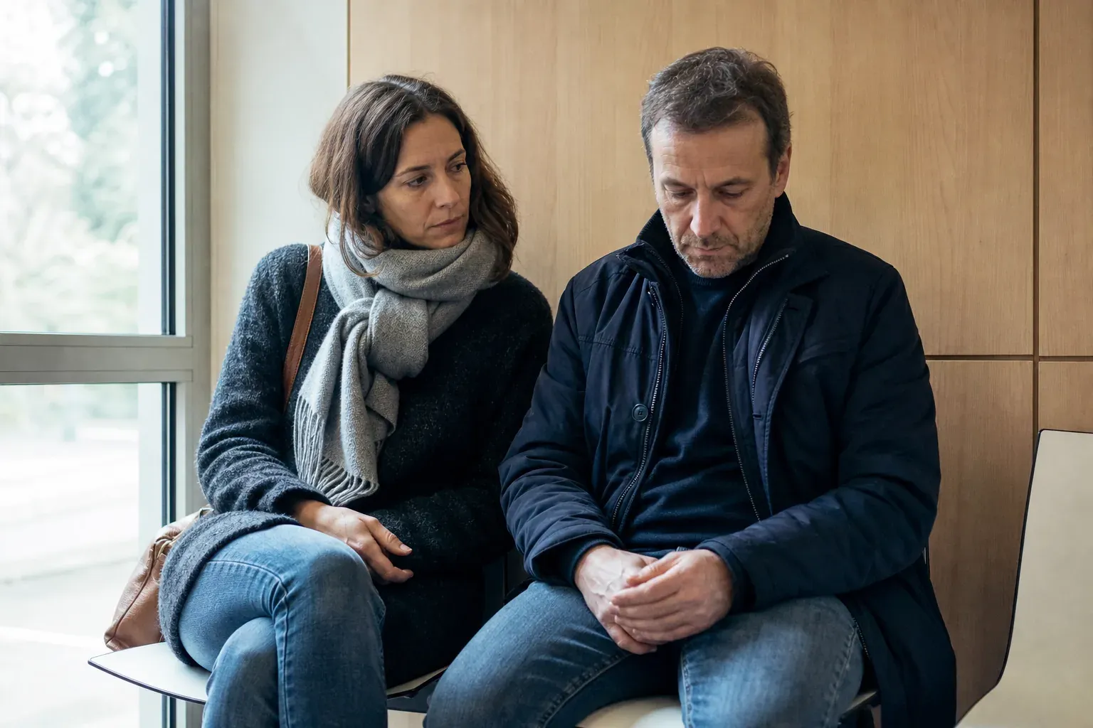 Un couple d'une quarantaine d'années attend côte à côte dans la salle d'attente d'un cabinet médical