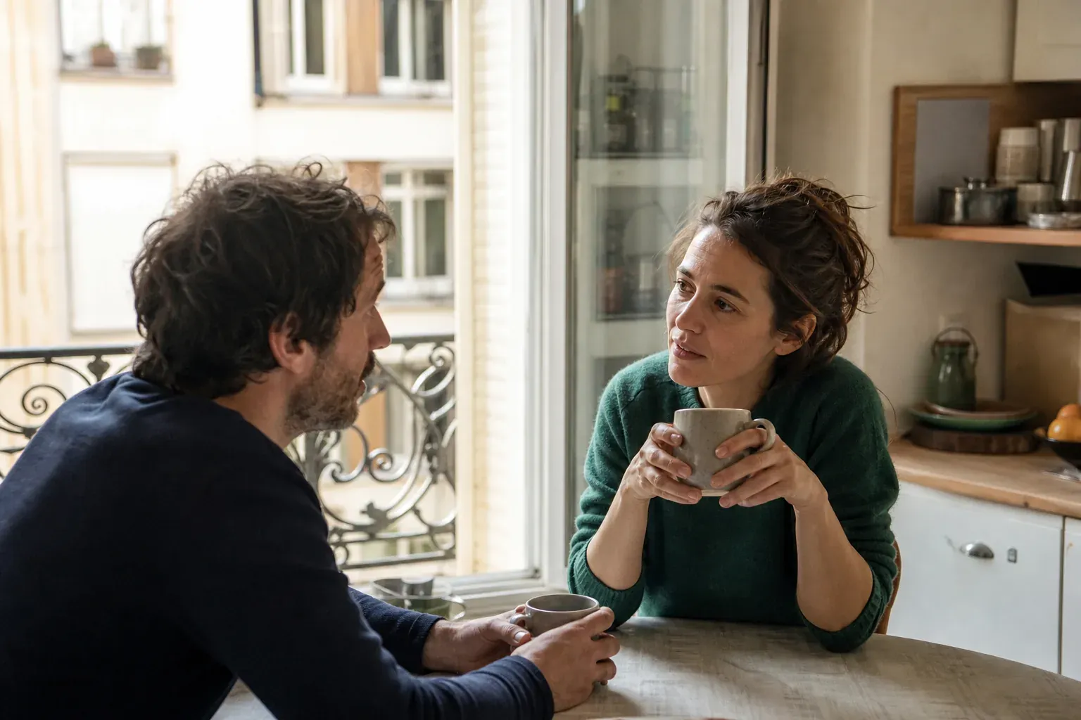 Un couple d'une trentaine d'années discute calmement autour d'un café dans sa cuisine, le matin