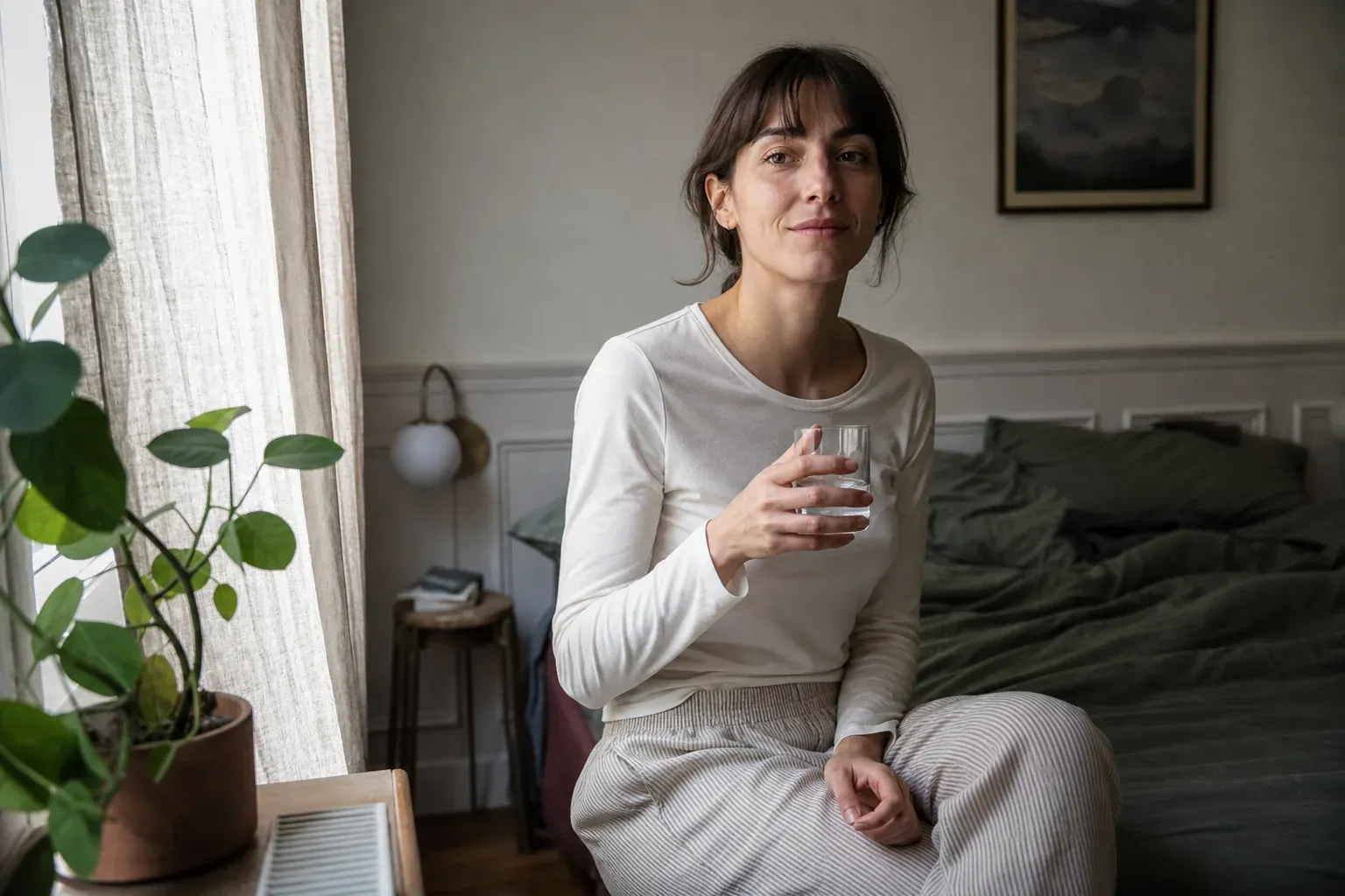 Une jeune femme en pyjama assise au bord de son lit le matin, un verre d'eau à la main, l'air serein