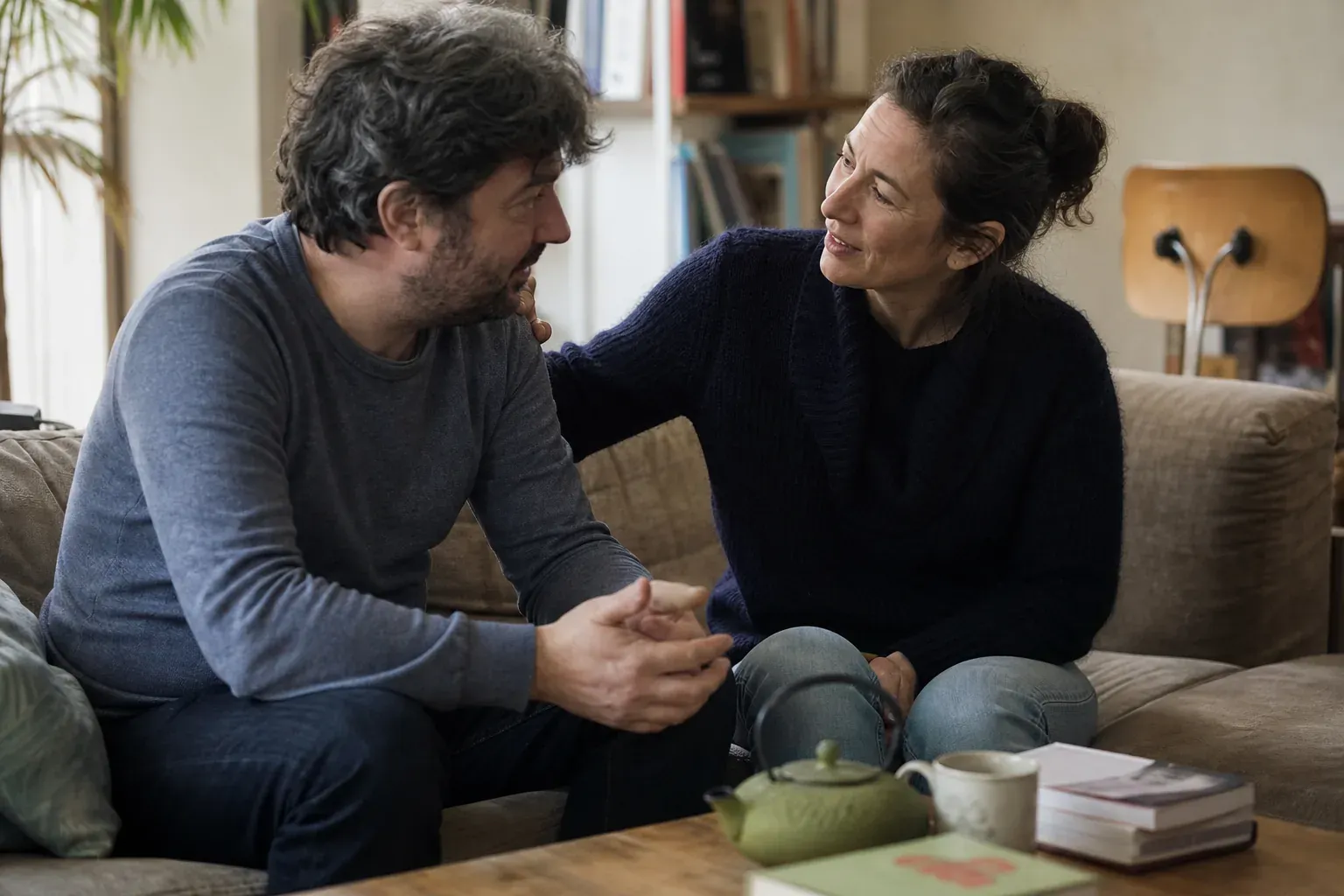 Un couple assis sur un canapé, une main posée sur l'épaule de l'autre, ambiance calme et lumière du jour