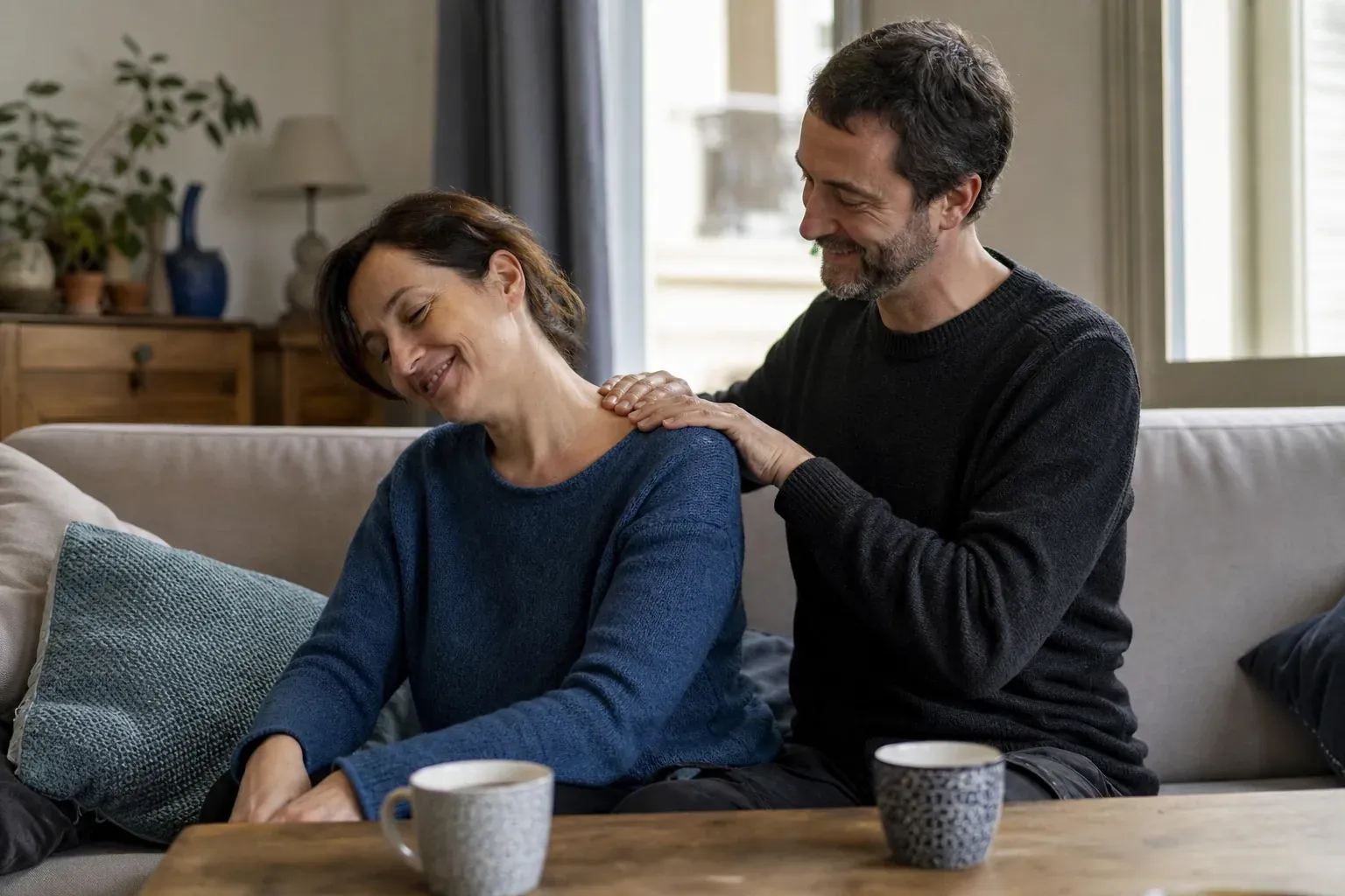 Un couple habillé, assis dans son salon, partage un moment de détente avec un massage des épaules
