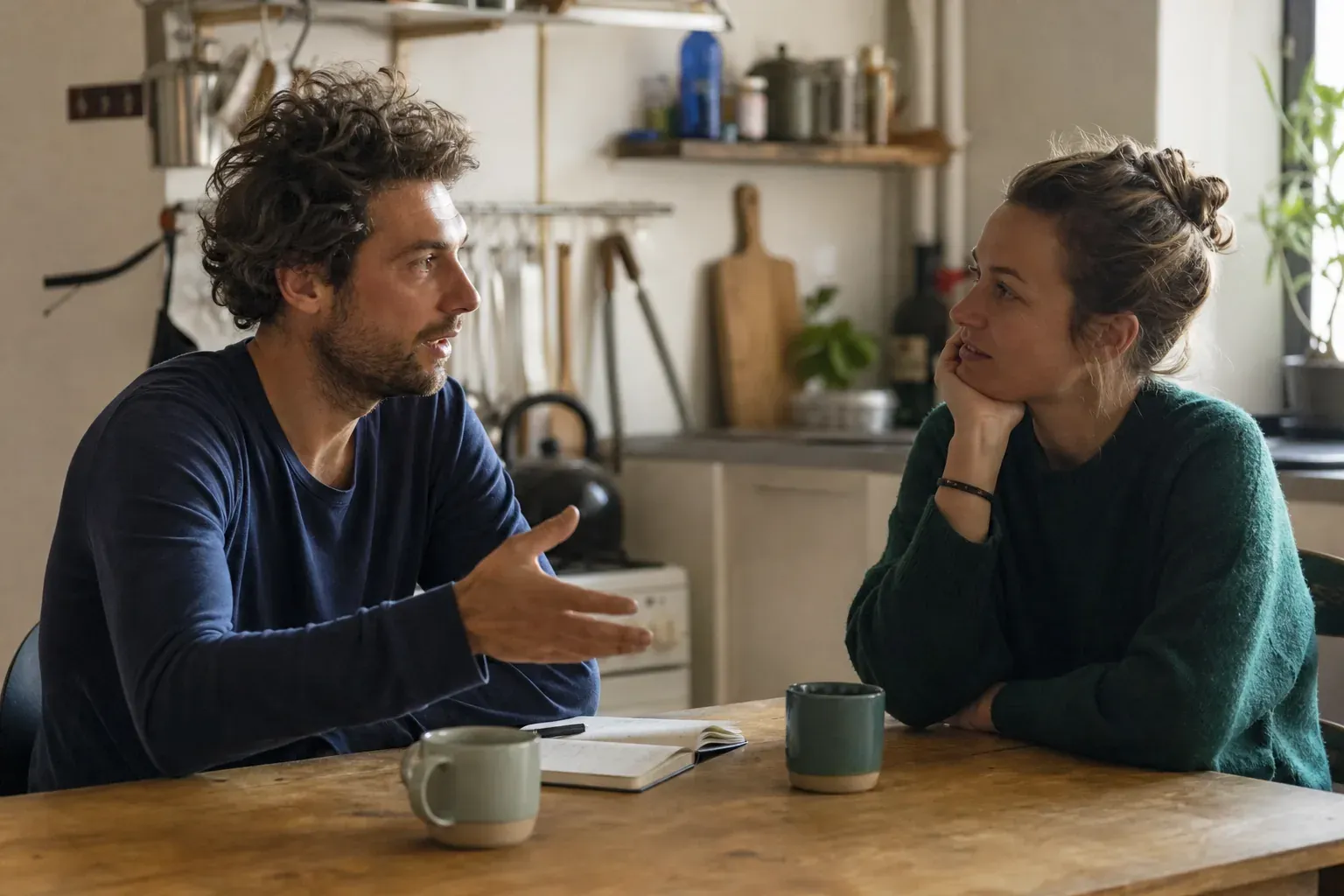 Deux adultes discutent face à face autour d'une table de cuisine, tasses de café, lumière naturelle