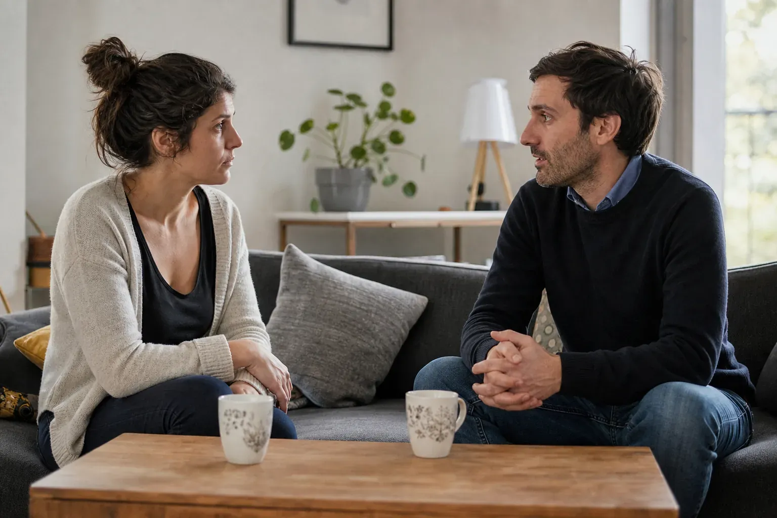 Un couple assis face à face dans son salon discute calmement, deux tasses de thé posées sur la table basse, lumière naturelle