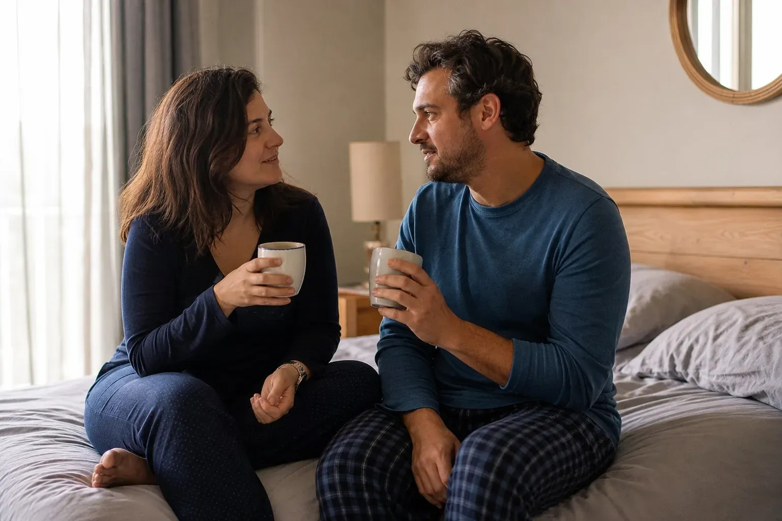 Un couple en pyjama, assis au bord du lit, partage une tasse de thé dans la lumière du matin