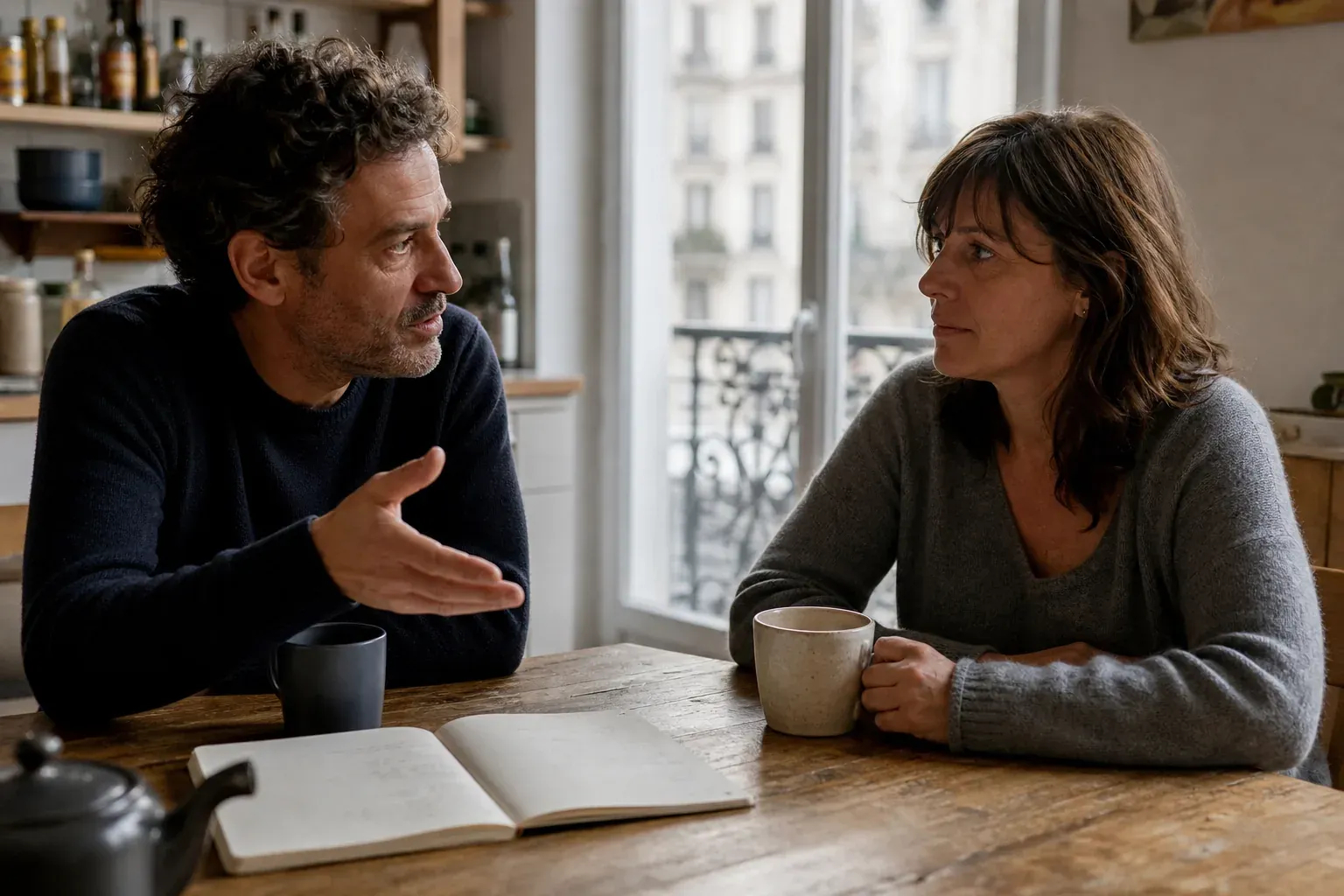 Un couple assis à la table de la cuisine, carnet ouvert et deux tasses, en pleine discussion sérieuse