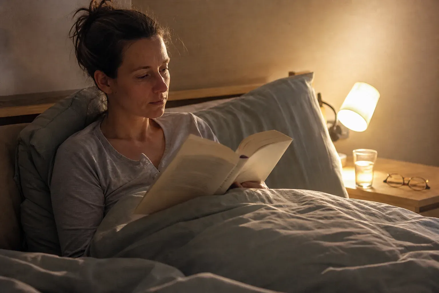 Une femme lit un roman dans son lit à la lumière d'une lampe de chevet, ambiance calme de fin de soirée