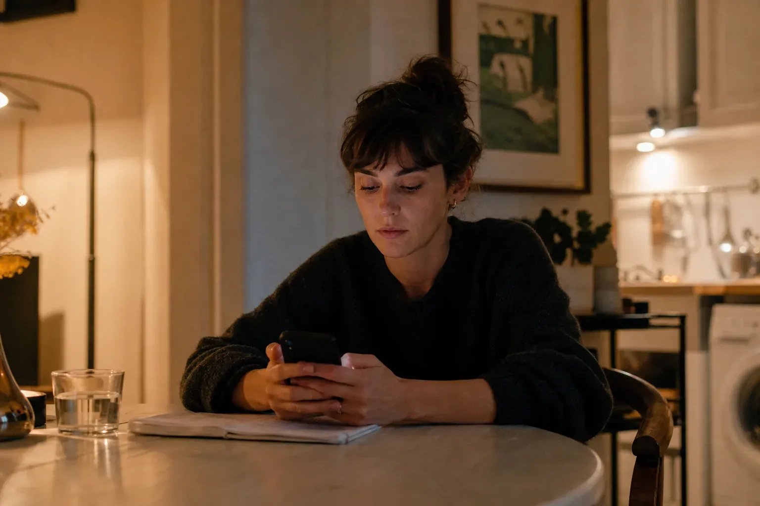 Une jeune femme assise à sa table de cuisine tient son téléphone, l'air grave, dans la lumière d'une lampe le soir