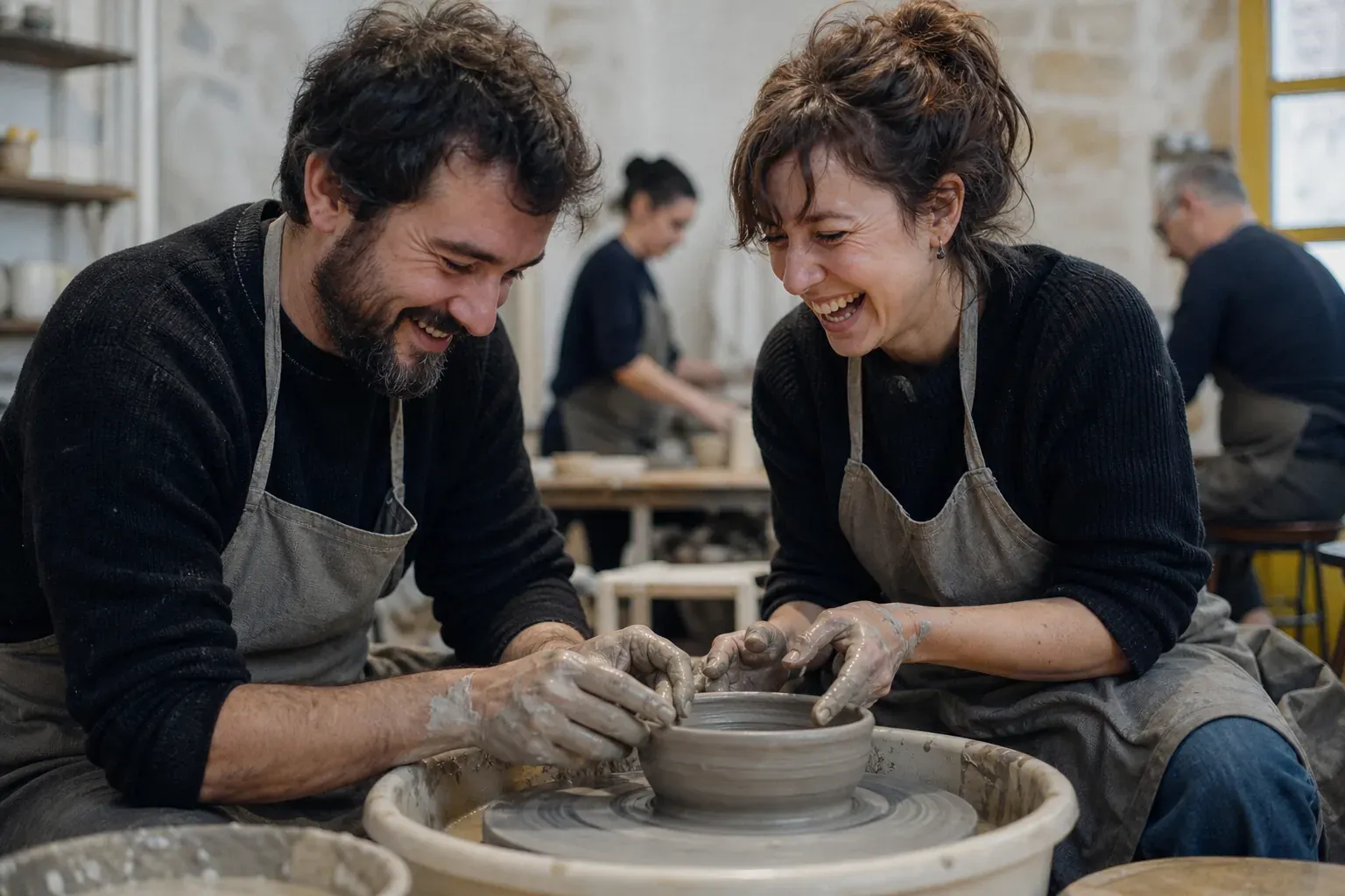 Un couple s'initie à la poterie dans un atelier collectif, rires et mains couvertes d'argile autour du tour