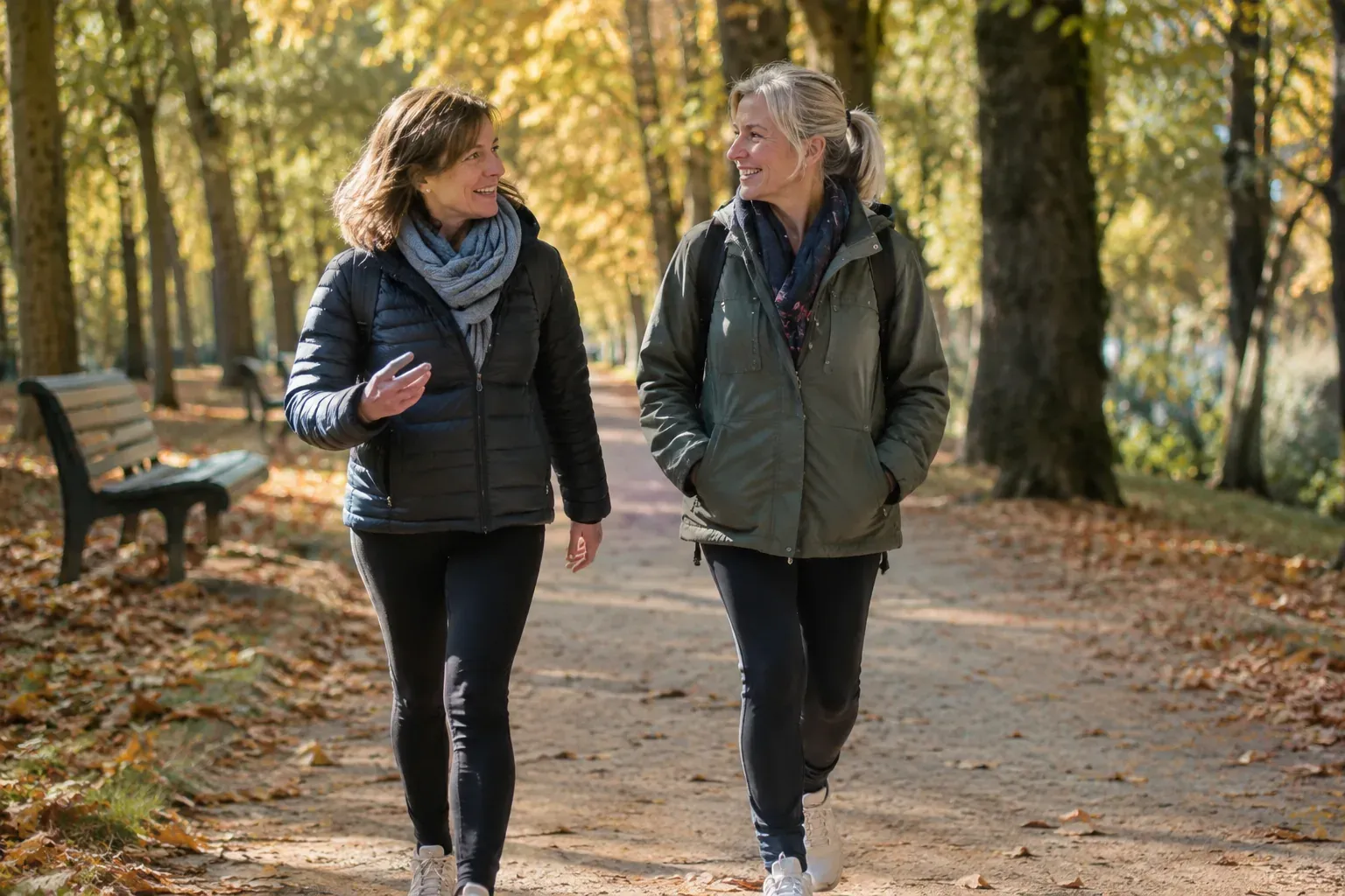 Deux femmes d’une cinquantaine d’années marchent d’un bon pas en discutant dans une allée de parc en automne