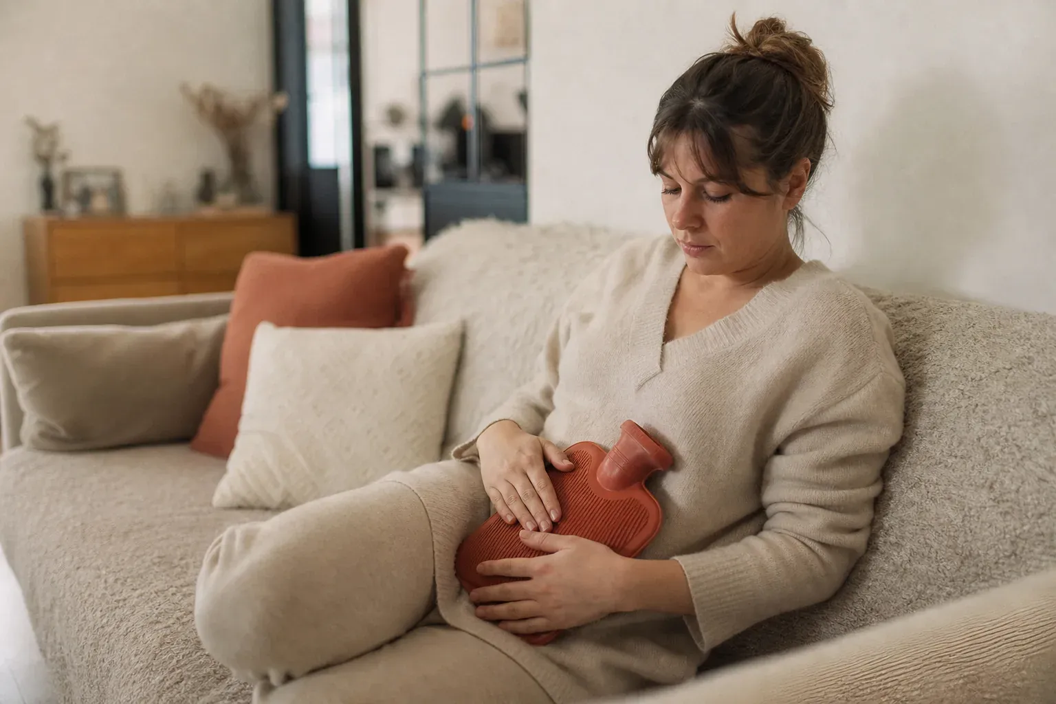 Femme assise avec une bouillotte sur le ventre pendant des regles douloureuses