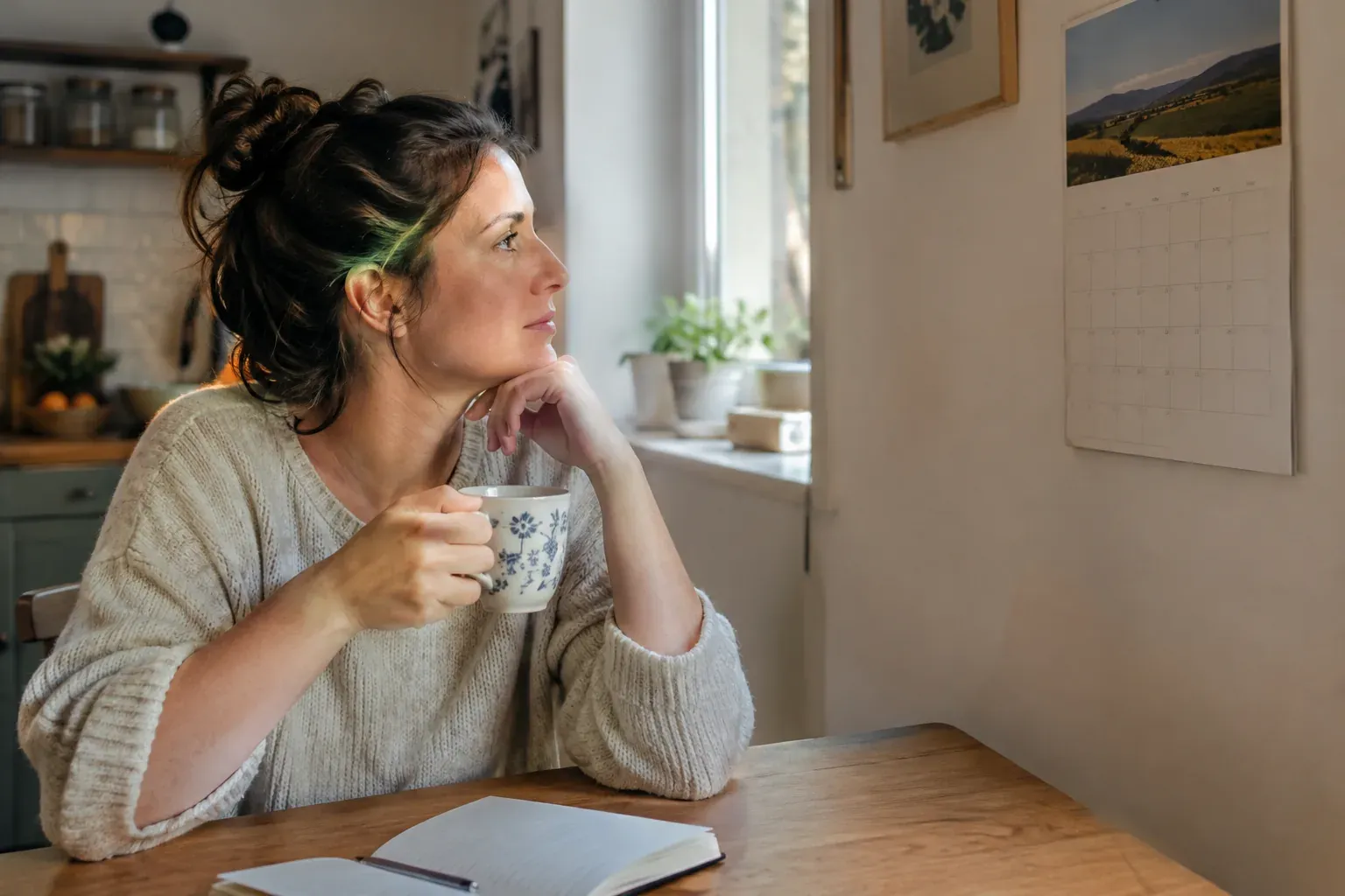 Femme pensive en pull de laine, une tasse à la main, regardant un calendrier mural dans une cuisine baignée de lumière