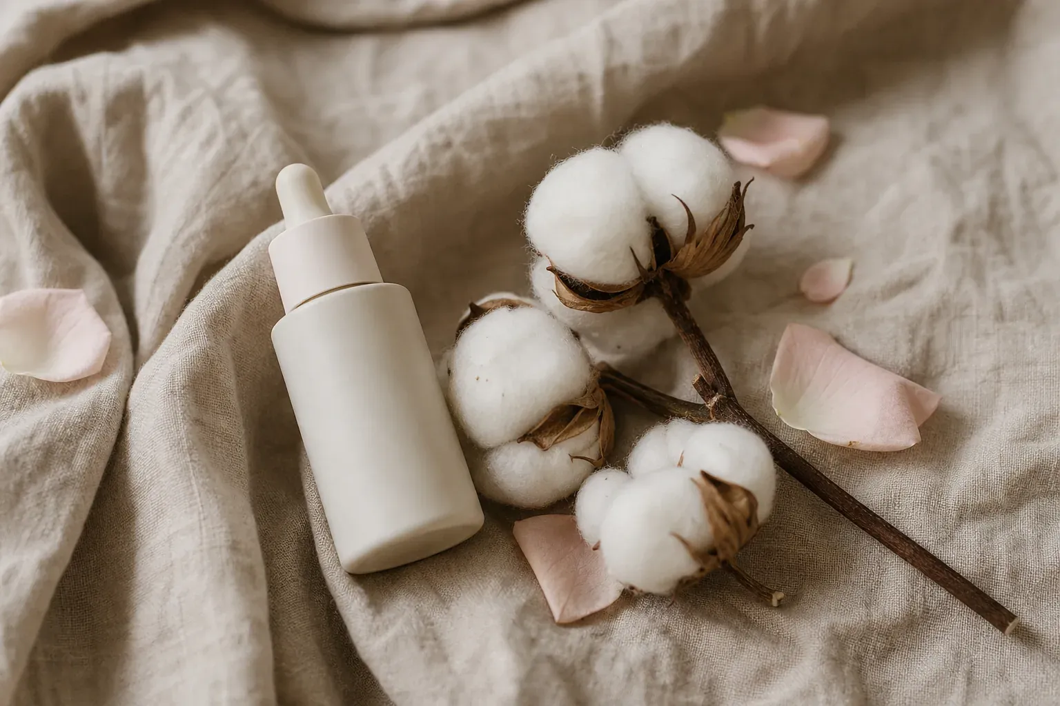 Flacon de soin et fleur de coton sur un tissu clair